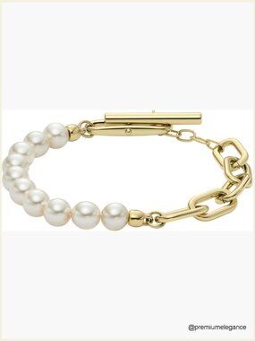 Gold Stainless Steel Link Bracelet with Pearls Toggle Clasp